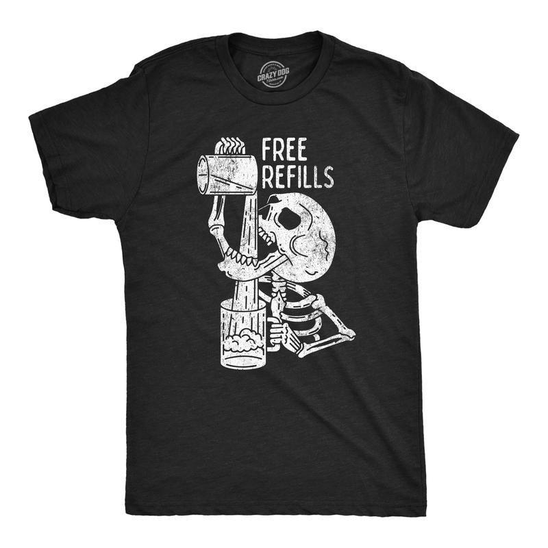Mens Free Refills T Shirt Funny Halloween Drinking Skeleton Joke Tee For Guys Mens Funny T Shirts Cool Tees Soft Stylish...