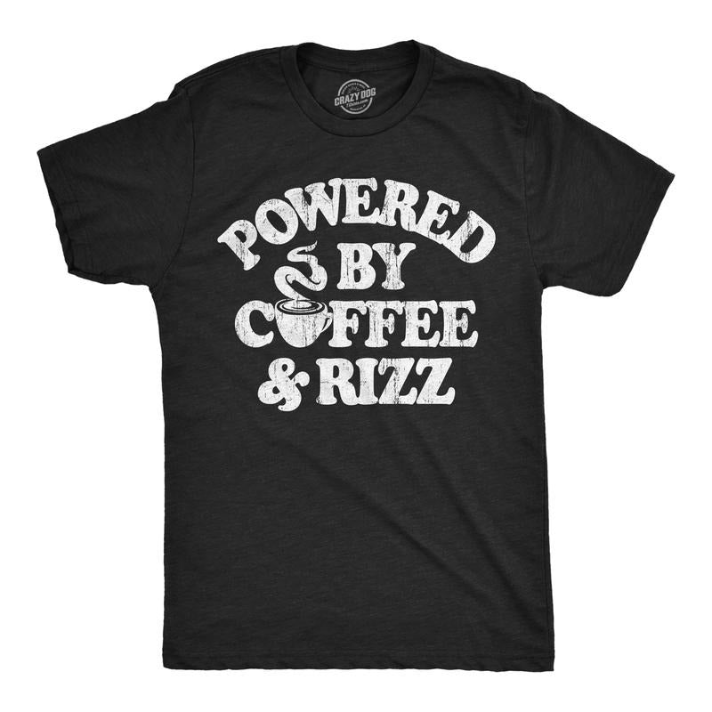 Mens Funny T Shirts Powered By Coffee And Rizz Sarcastic Caffeine Graphic Novelty Tee For Men Mens Funny T Shirts Cool...