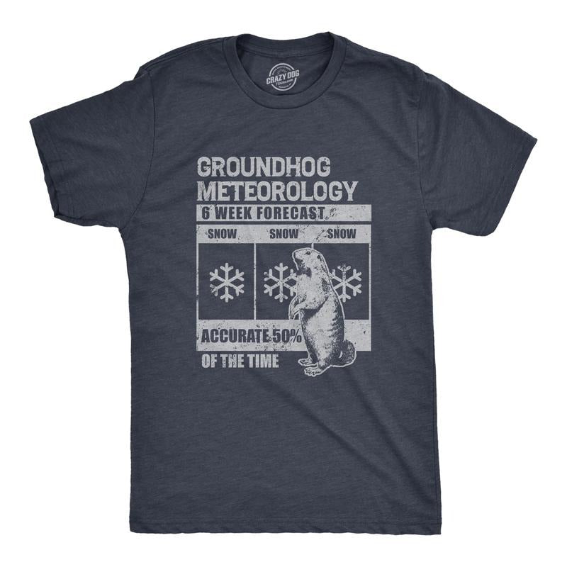 Mens Groundhog Meteorology T Shirt Funny Groundhogs Day Winter Weather Forecast Joke Tee For Guys Mens Funny T Shirts Cool Tees Soft Stylish Casual Menswear Sarcastic Apparel for Men Funny Animal Navy -