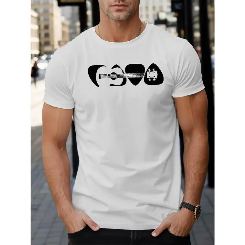 Mens Guitar Music Print T-shirt - Relaxed Fit, Short Sleeves, Unique Design
