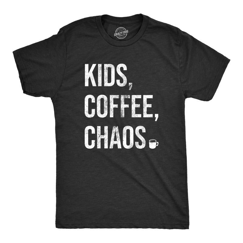 Mens Kids Coffee Chaos T Shirt Funny Caffeine Addicts Parenting Crazy Children Joke Tee For Guys Mens Funny T Shirts Cool...