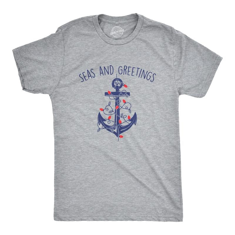Mens Seas and Greetings T Shirt Funny Xmas Lights Sailing Anchor Joke Tee for Guys Mens Funny T Shirts Cool Tees Soft...