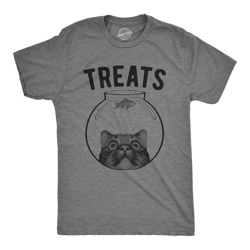 Mens Treats T Shirt Funny Sarcastic Kitten Fish Bowl Graphic Novelty Tee For Guys Hoodie, Sweatshirt | UrbanDripWear.com