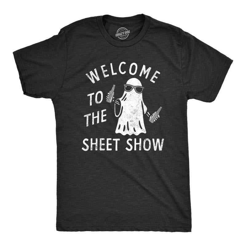 Mens Welcome To The Sheet Show T Shirt Funny Halloween Partying Bedsheet Ghost Tee For Guys Mens Funny T Shirts Cool Tees...