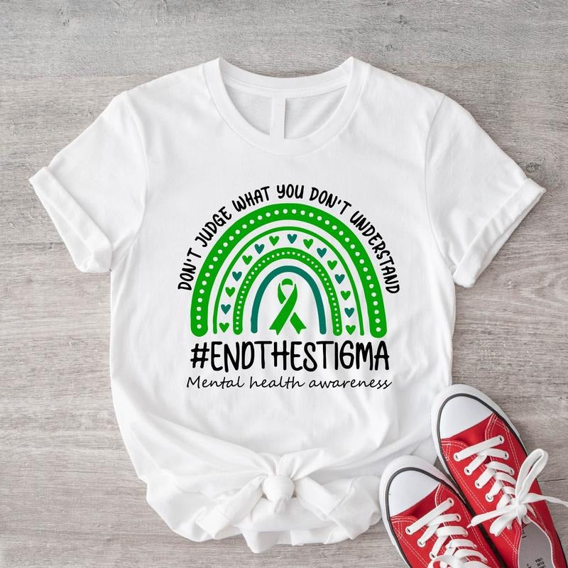 Mental Health Awareness Shirt, Green Rainbow Ribbon Team Tee, Mental Health Support T-shirt, Cancer Warrior Gift Tee,...