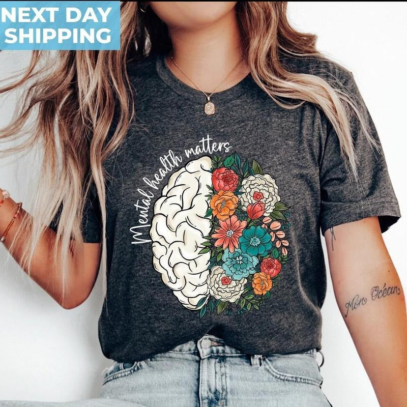 Mental Health Matters Floral Brain T-Shirt for Women