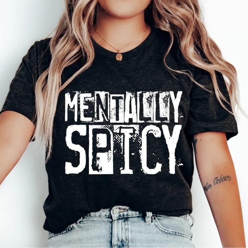 Mentally Spicy Sarcastic T-Shirt, Snarky Retro Checkered Tee for Women, Funny Mental Health Humor Shirt, Trendy Sassy Mom...