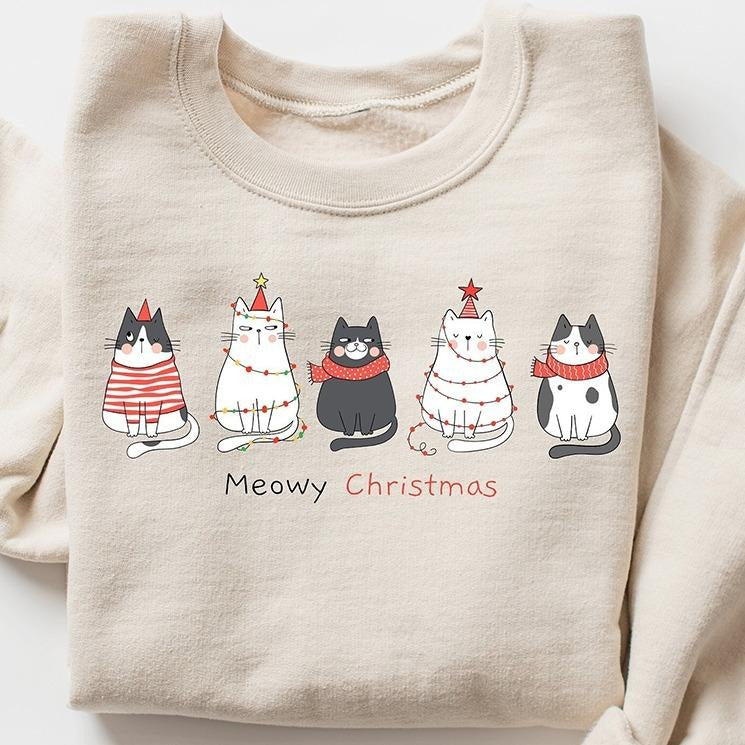 Meowy Christmas Crewneck Sweatshirt, Funny Cat Christmas Hoodie, T-shirt | UrbanDripWear.com
