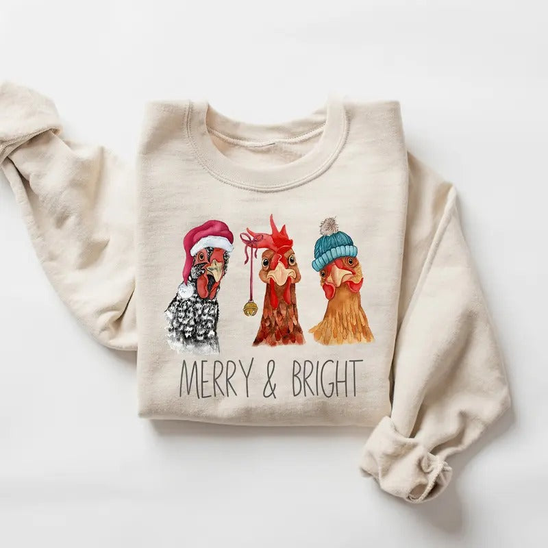 Merry And Bright Chickens Christmas Sweatshirt, Funny Chickens Christmas Sweatshirt, Christmas Chicken Shirt, Christmas...