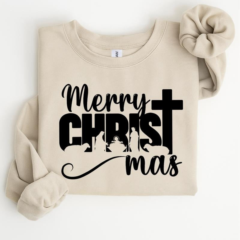 Merry CHRISTmas Sweatshirt, Christian Faith Nativity Cross Graphic Pullover, Religious Holiday Streetwear Top, Cozy...