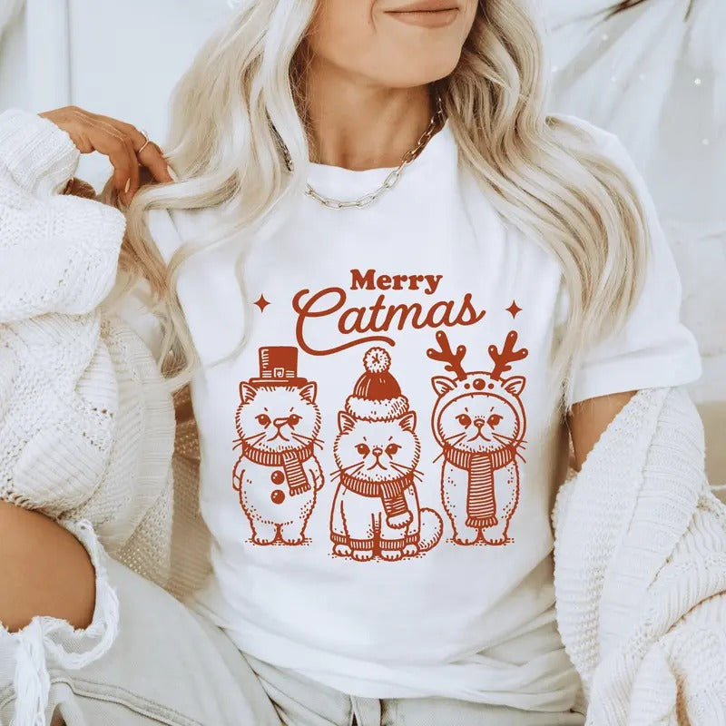 Merry Catmas Christmas Unisex Shirt - Cute Cat Holiday Graphic Tee, 100% Preshrunk Ringspun Cotton Jersey