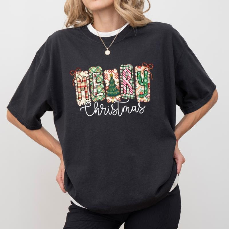 Merry Christmas  Shirt, Christmas Tree T-shirt, Plaid Checkered Graphic Tee, Xmas Festive Clothing Hoodie, Sweatshirt