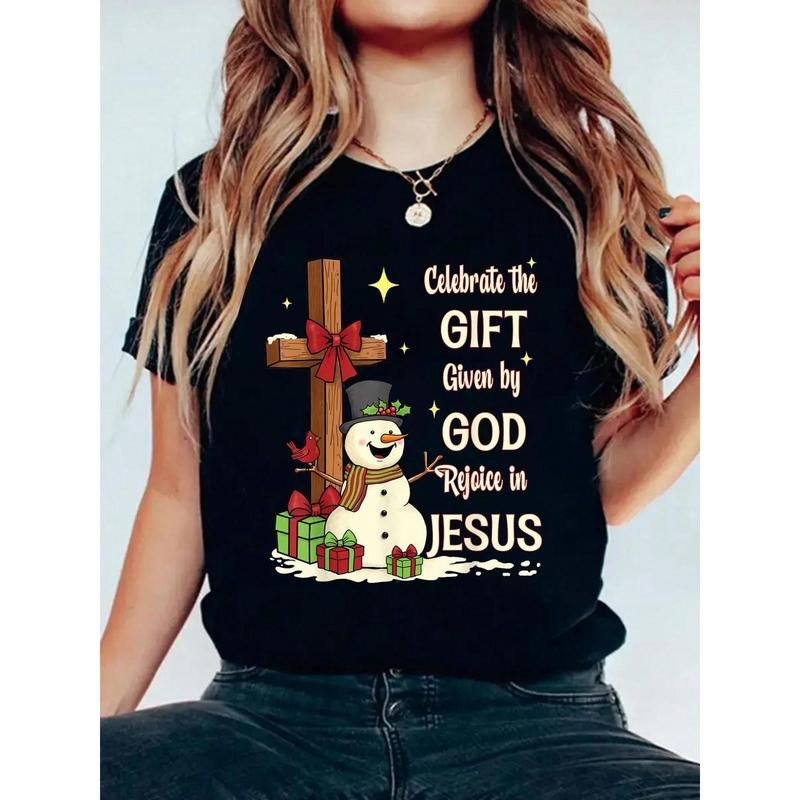 Merry Christmas Gift Celebrate Jesus Birth Christmas Snowman Christian T-Shirt Costumes For Woman Cotton Women Clothing...