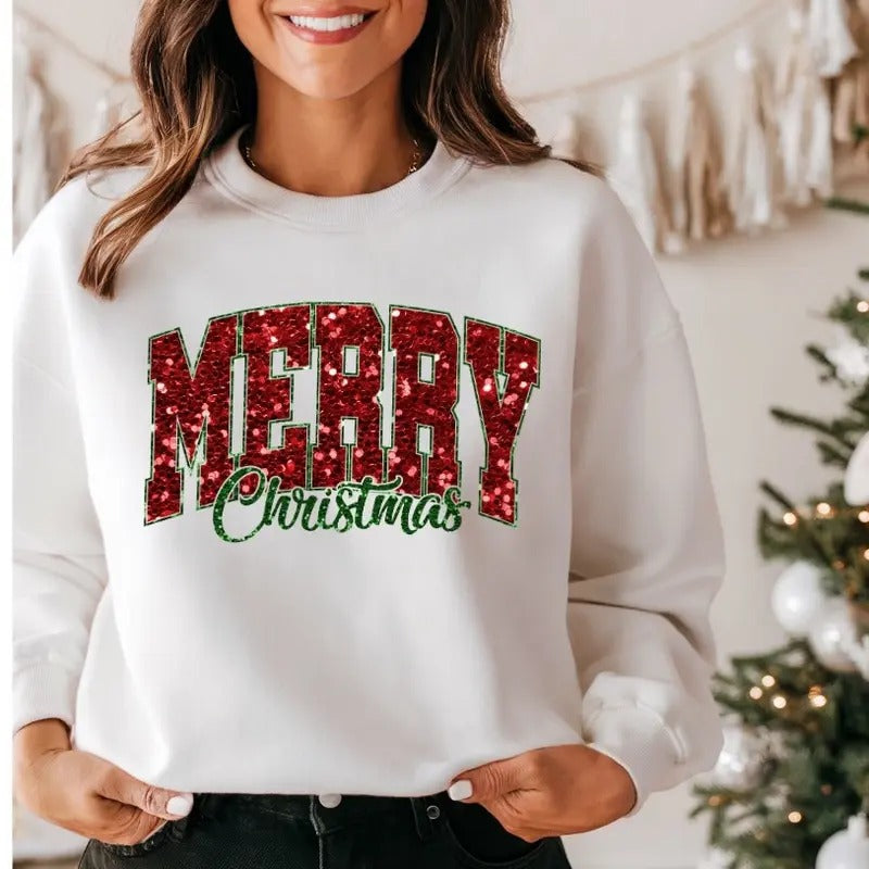 Merry Christmas Glitter Faux Sequin Fleece Crewneck Sweatshirt T-Shirts, Hoodie | UrbanDripWear.com