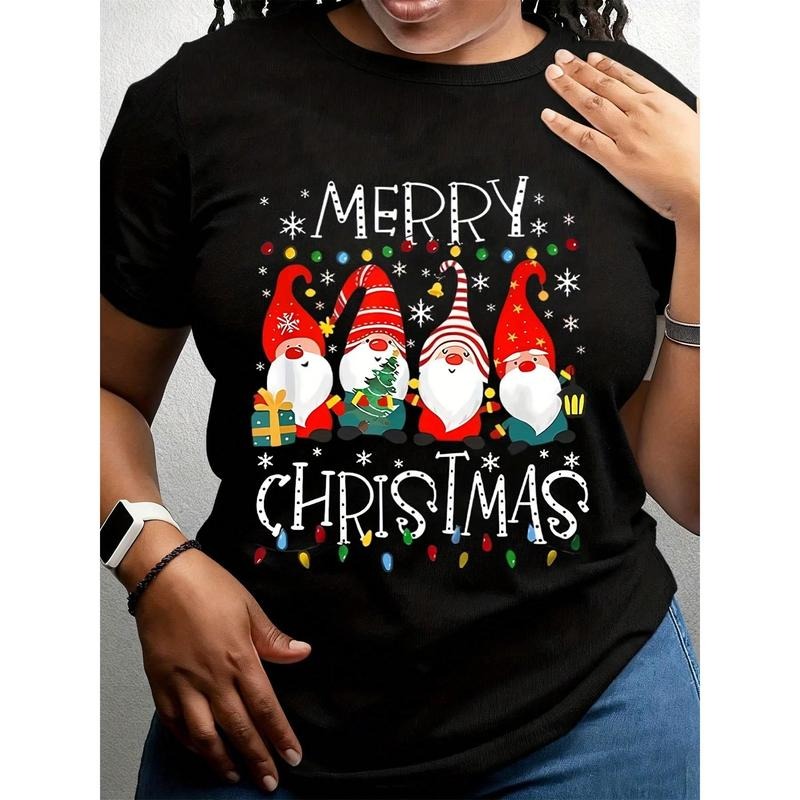 Merry Christmas Gnomes Women's T-Shirt   Festive Santa Gnomes With Christmas Tree, Snowflakes & Lights Print   Holiday...
