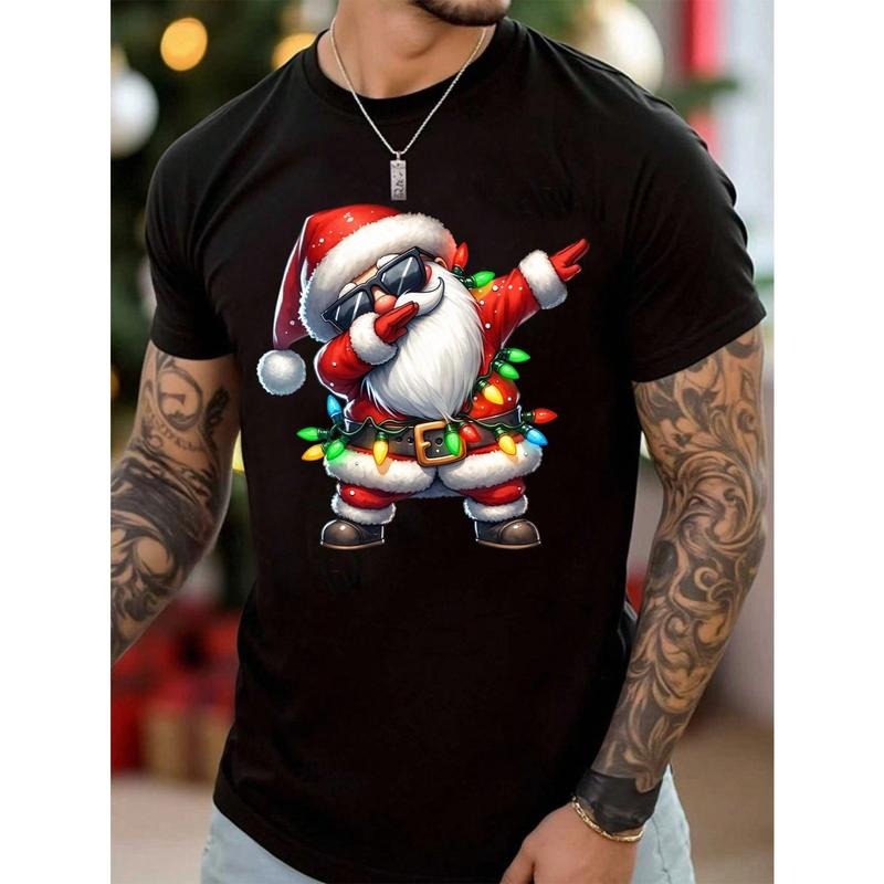 Merry Christmas Men's Fashion Cartoon Cute Santa Claus Colorful Light Strip Letter Slogan Graphic Basic Crew Neck Short...