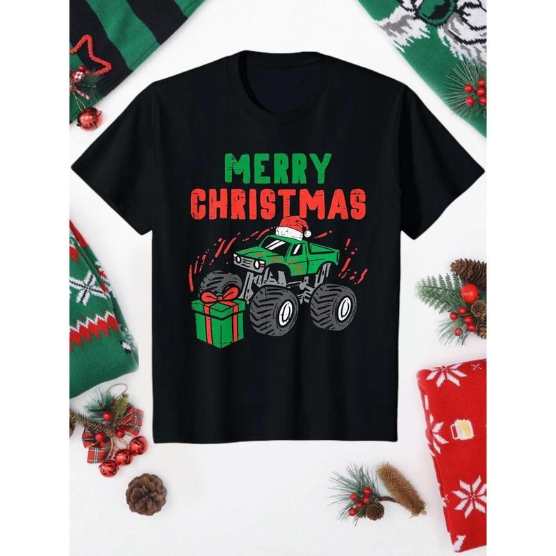 Merry Christmas Monster Truck Print Cotton T-Shirt, All-Season 220gsm Medium Stretch Crew Neck Top, Sports Style Applique...