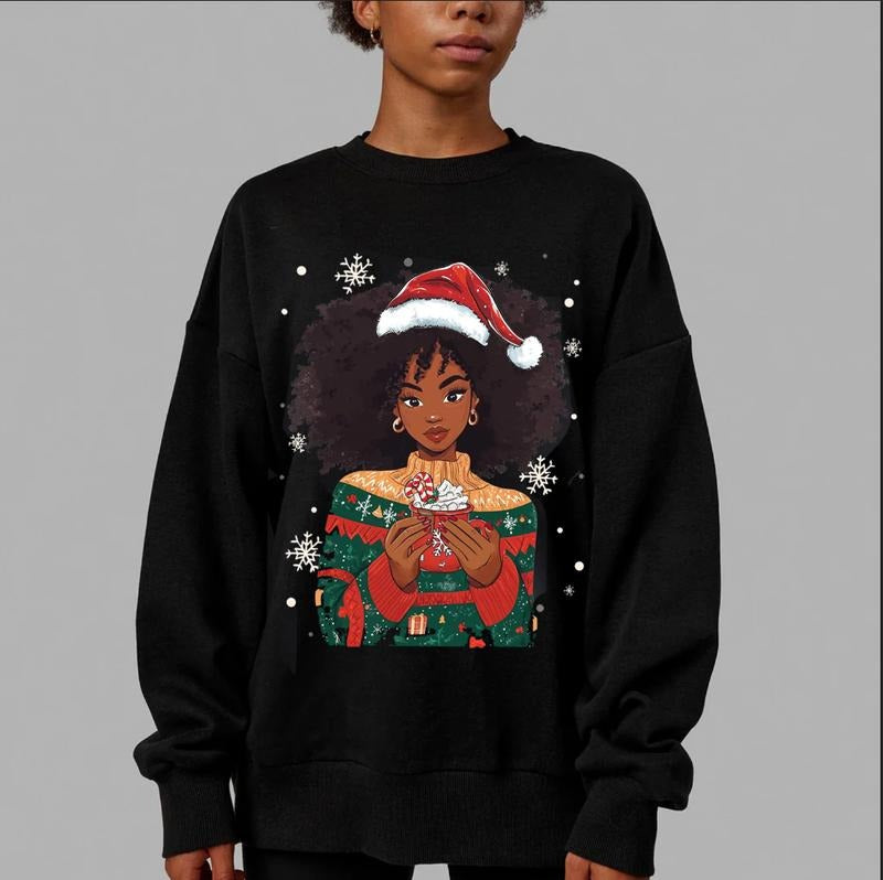 Merry Christmas Santa Black Girl Crewneck Sweatshirt, Afro Woman Christmas Sweater, Melanin Xmas Gifts for Black Women...