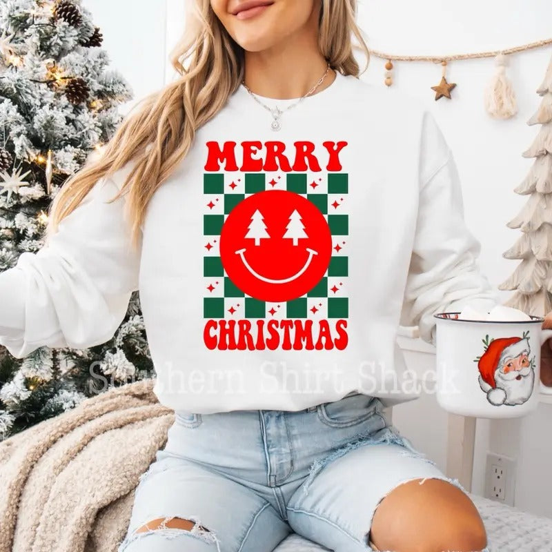 Merry Christmas Smiley Checkered Sweatshirt | Christmas Sweatshirt T-Shirts, Hoodie | UrbanDripWear.com