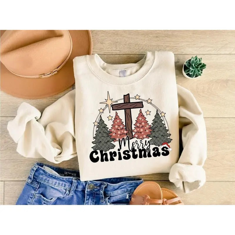 Merry Christmas Sweatshirt Christian Christmas Shirt Christian Cross Tee Religious Christmas Gift Xmas Jesus Sweater...