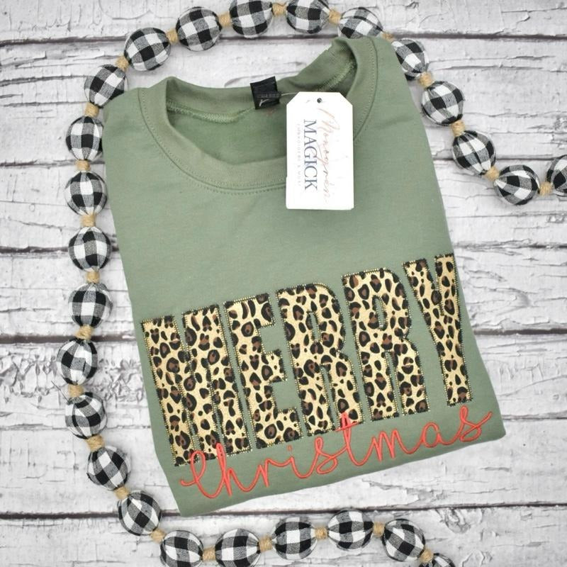 Merry Christmas Sweatshirt, Cheetah Merry Christmas Sweatshirt, Embroidered Christmas Sweatshirt T-Shirts, Hoodie