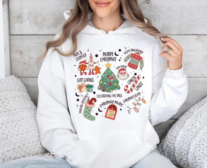 Merry Christmas Sweatshirt, Xmas Tree Santa Shirt, Women's Christmas Themed Letter Print Round Neck Graphic Tee, Hoodie,...