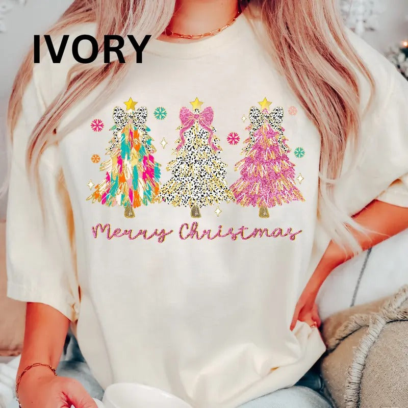 Merry Christmas Three Trees Comfort Colors Women's Oversized Printed Christmas Shirt