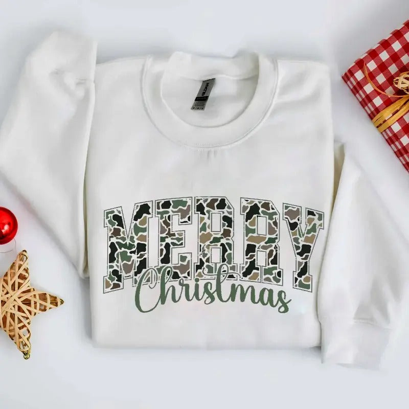 Merry Christmas Varsity Camo Military Unisex Crewneck Sweatshirt, Hunting Wife, Hunting Mama, Christmas Shirt, Camo Xmas,...