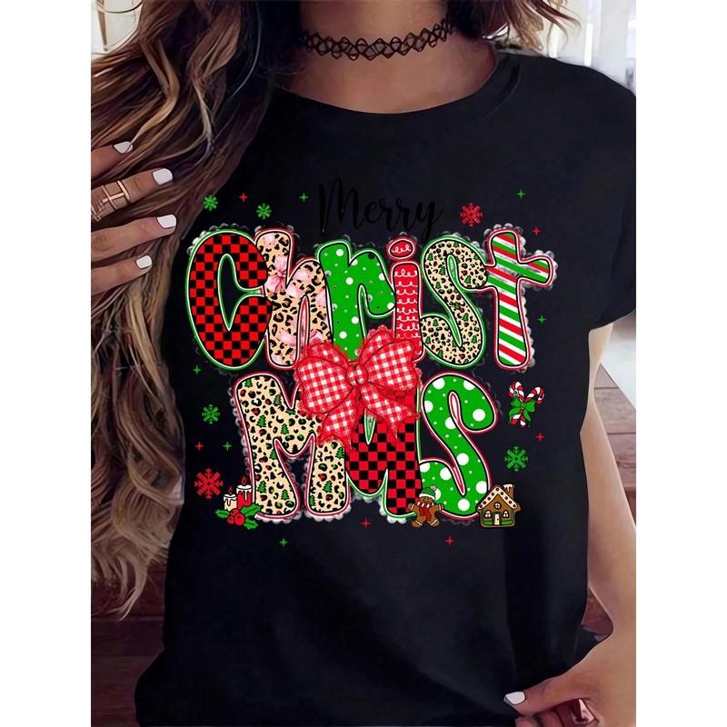 Merry Christmas Women's Ugly Christmas Sweater T-Shirt With Leopard Print, Plaid, And Candy Cane Design