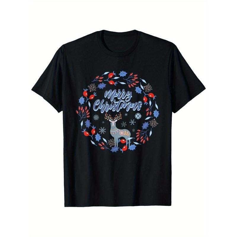 Merry Christmas Wreath Deer Reindeer Ornament T-Shirt, Creative top for men and women, Casual short-sleeved crew neck...