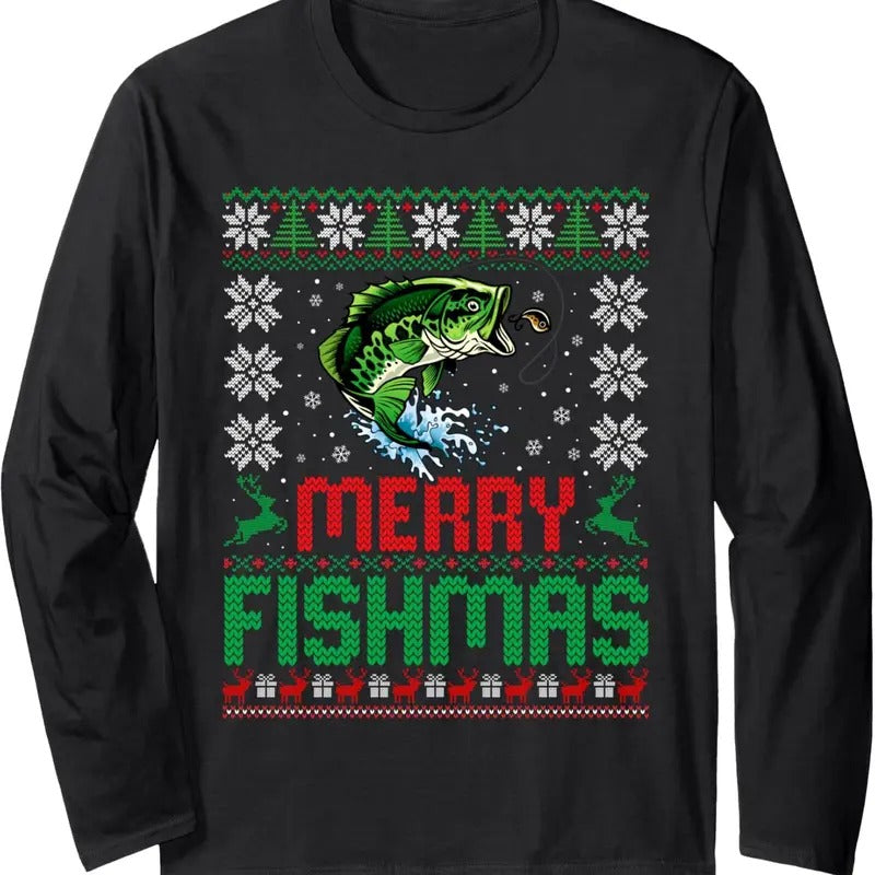 Merry Fishmas Bass Fish Fishing Christmas Ugly Sweater Xmas Long Sleeve T-Shirt Hoodie, Sweatshirt | UrbanDripWear.com