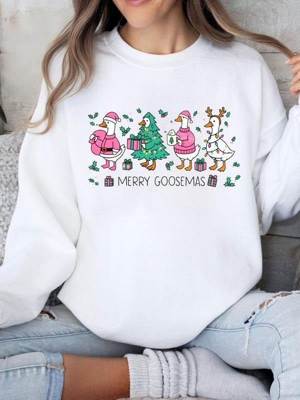 "Merry Goosemas" Funny Christmas Sweatshirt, White Oversize Crewneck with Goose Art, Perfect Gift for Christmas Lovers & Animal Enthusiasts, Great for Holiday Gatherings, Casual Hangouts & Festive Outfits, Unique Quirky Goose Design with Christmas Vibe,