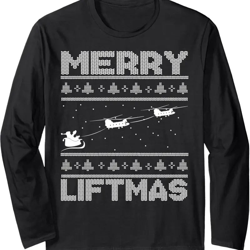 Merry Liftmas Chinook Helicopter Ugly Christmas Chinook Long Sleeve T-Shirt Hoodie, Sweatshirt | UrbanDripWear.com