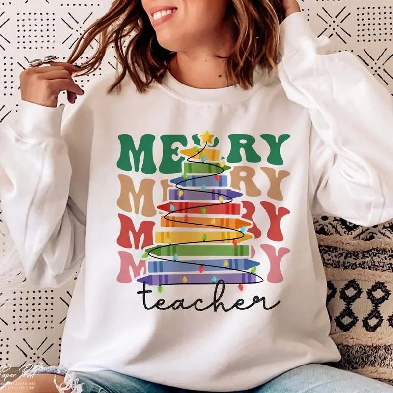 Merry Teacher T-Shirt, Teacher Christmas Sweatshirt, Christmas Gifts for Teachers, Merry Christmas Clothing, Unisex Hoodie