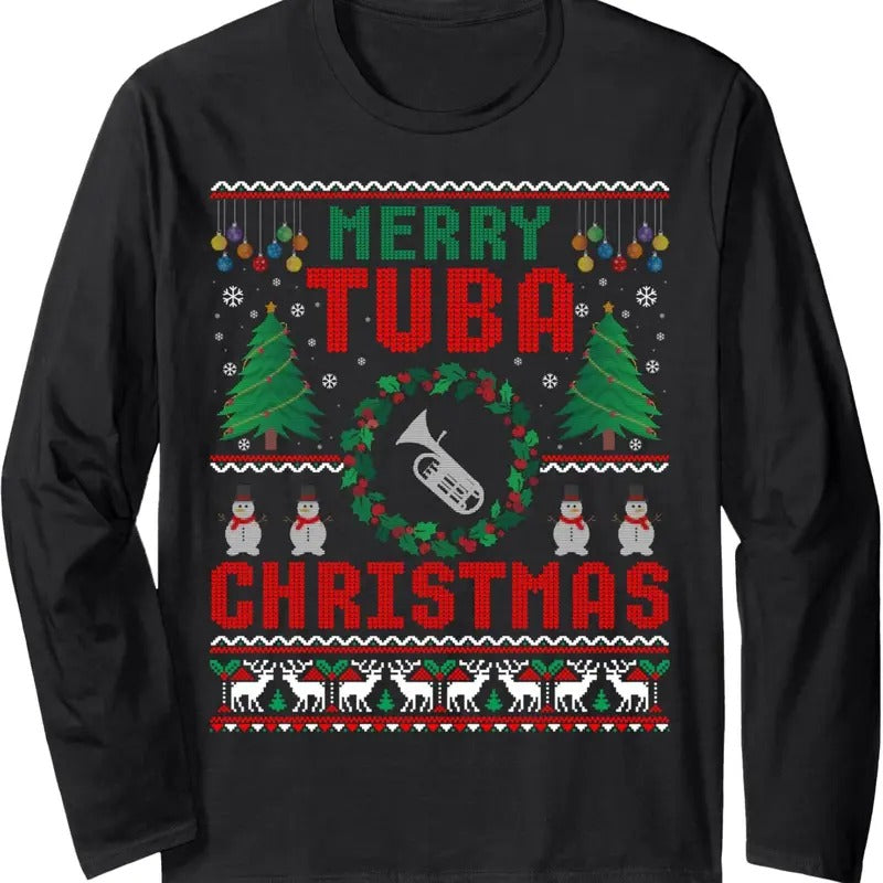 Merry Tuba Christmas Ugly Sweater Music Instrument Long Sleeve T-Shirt Hoodie, Sweatshirt | UrbanDripWear.com