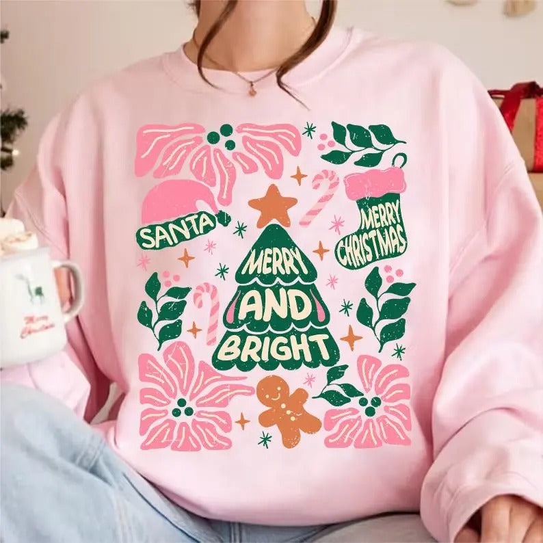 Merry and Bright Christmas Tree Sweatshirt, Holiday Vibes Candy Cane T-Shirt, Gingerbread Christmas Clothing, Unisex Hoodie