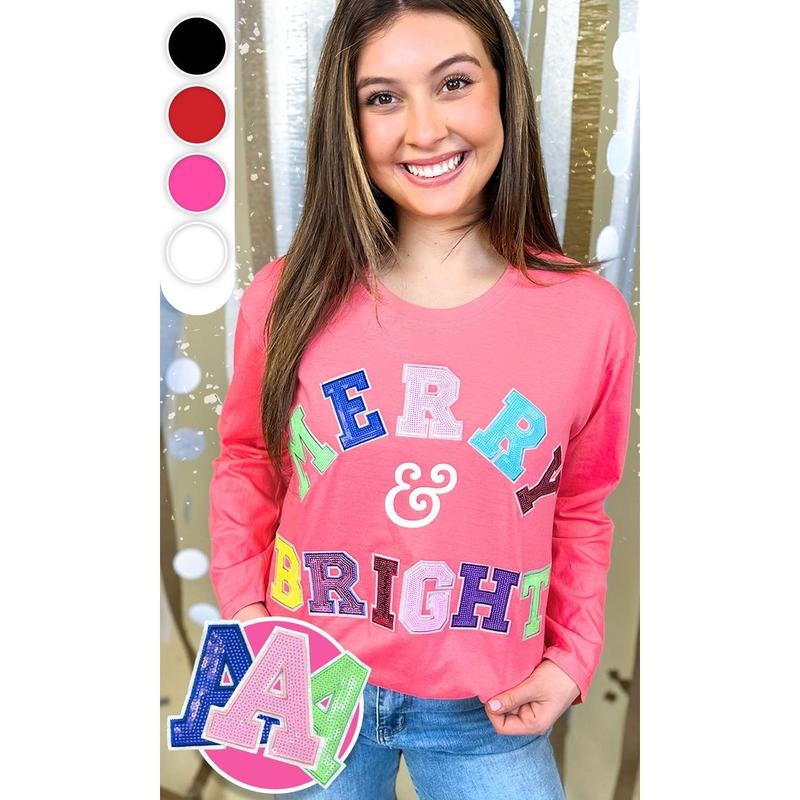 Merry and Bright Sequin Graphic Long Sleeve T-Shirt Hoodie, Sweatshirt | UrbanDripWear.com