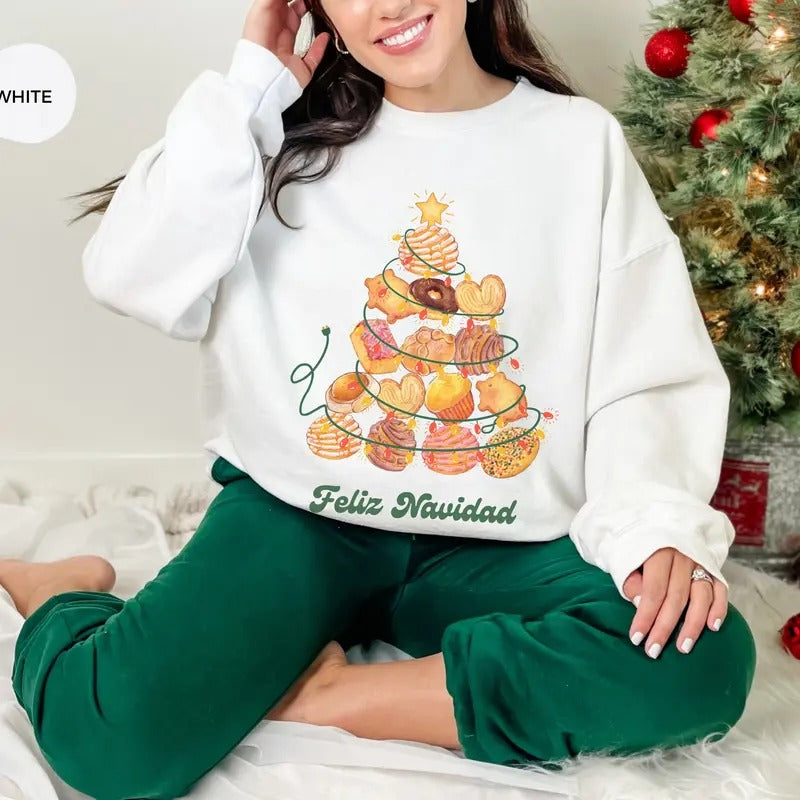 Mexican Christmas sweatshirt, Concha Sweatshirt, cafecito y Pan Dulce, Xmas Latina Shirt, Feliz Navidad top gift Cotton...