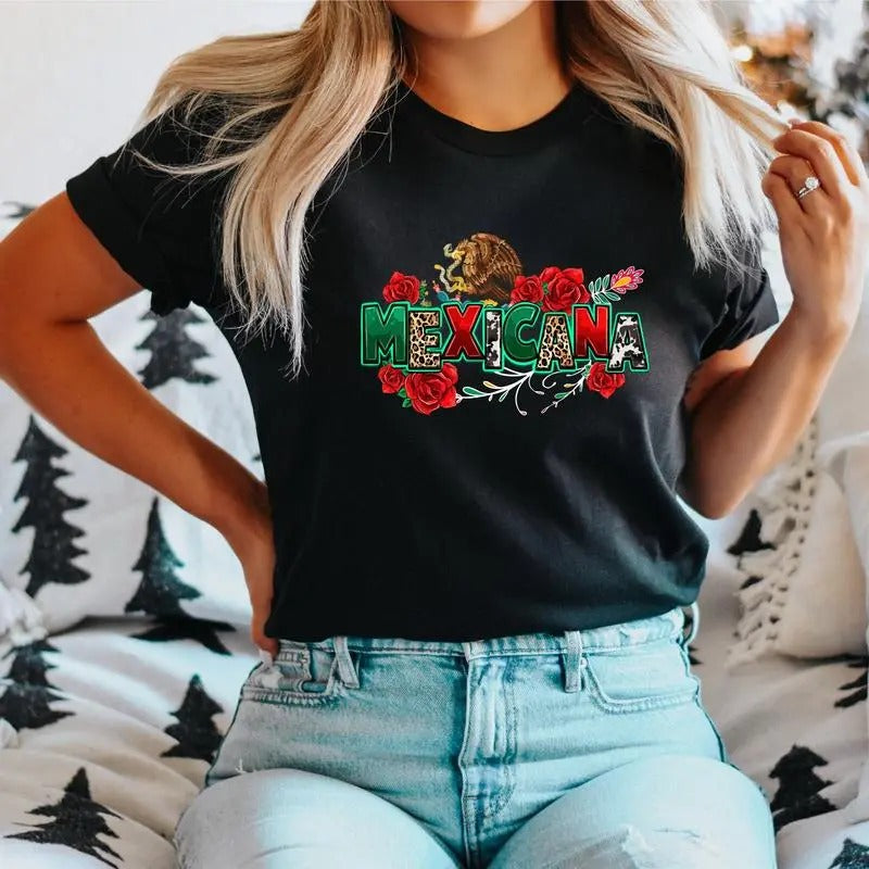 Mexicana Floral T-Shirt, Mexico Roses shirt, Mexican Flag Tee For Woman, Latina Shirt For Mom, Spanish Woman Short Sleeve...