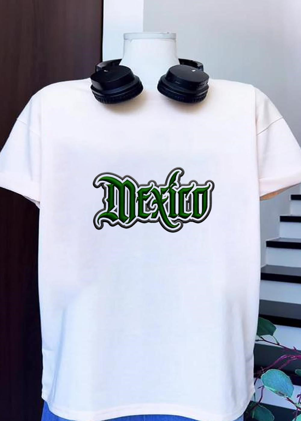 Mexico Embroidered Green and Grey Logo White T-Shirt