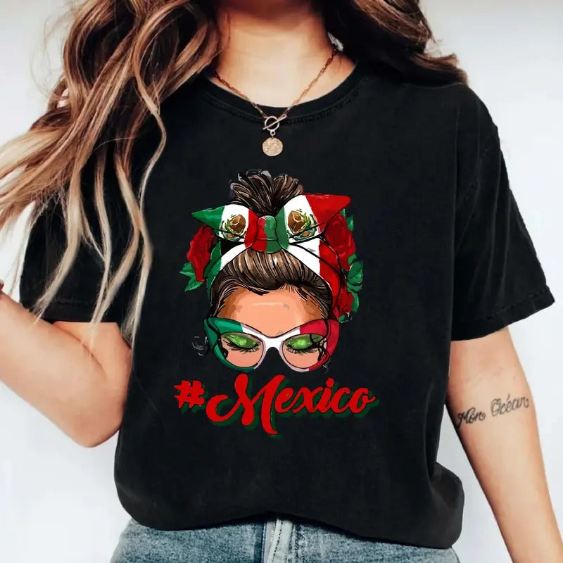 Mexico Messy Bun Shirt, Mexican Flag Shirt For Woman, Cute Latina Gift Tee For Mom, Proud Mexican T-shirt. shirtslatinas...