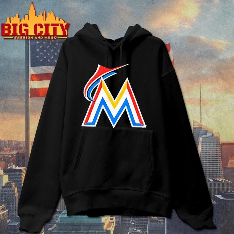 Miami Marlins Logo Stylized Metallic Letter M With Red Blue Yellow Stripes Shirt