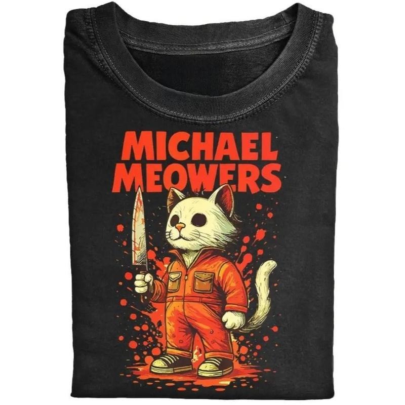 Michael Meowers Horror Cat Halloween Scary Art Print Causal Cotton Short Sleeve T-shirt Hoodie, Sweatshirt