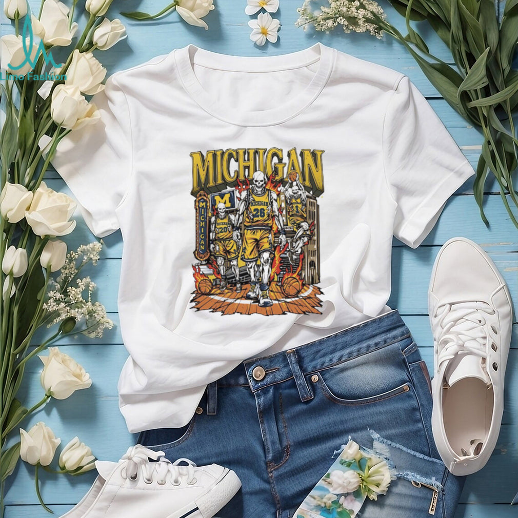 Michigan Wolverines Basketball Skeletons Flaming Hoop T Shirt