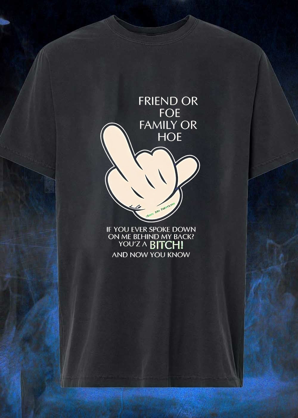 Middle Finger Hand Sign Quote T-Shirt Friend or Foe Family or Hoe You Are a Bitch and Now You Know