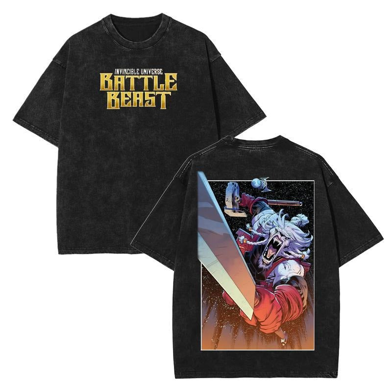 [ Mineral Wash ] Battle Beast Thokk Invincible Universe Washed TShirt 100% Cotton High Quality TeeShirt Mens Cartoon...