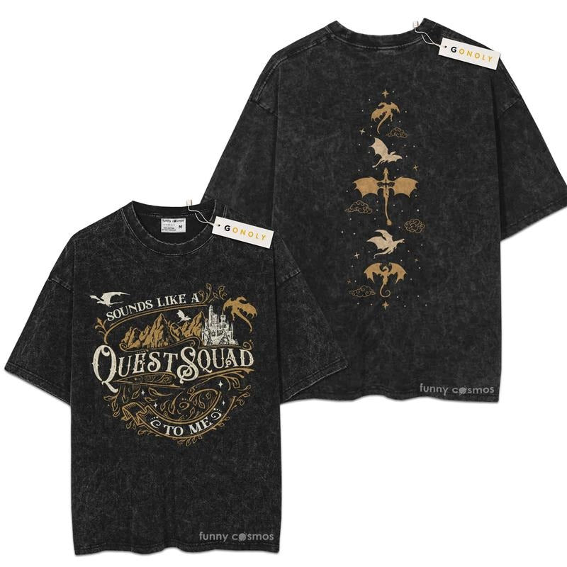 [ Mineral Wash ] Fourth Wing Quest Squad Book, Bookish Graphic Washed Style Shirt Hoodie, Sweatshirt | UrbanDripWear.com