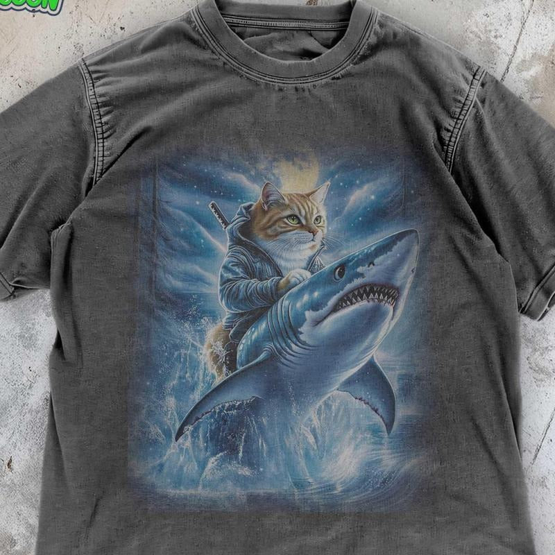 [ Mineral Wash ] Funny Cat Riding Shark TShirt Vintage Night Forest Graphic Shirt Funny Cat Warrior Ocean Graphic Tee...