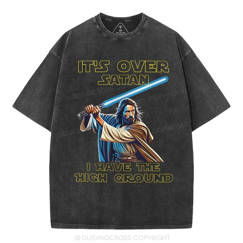 [ Mineral Wash ] It's Over Satan Chrsitian Washed Shirt Jesus Graphic Washed Style Shirt Hoodie, Sweatshirt