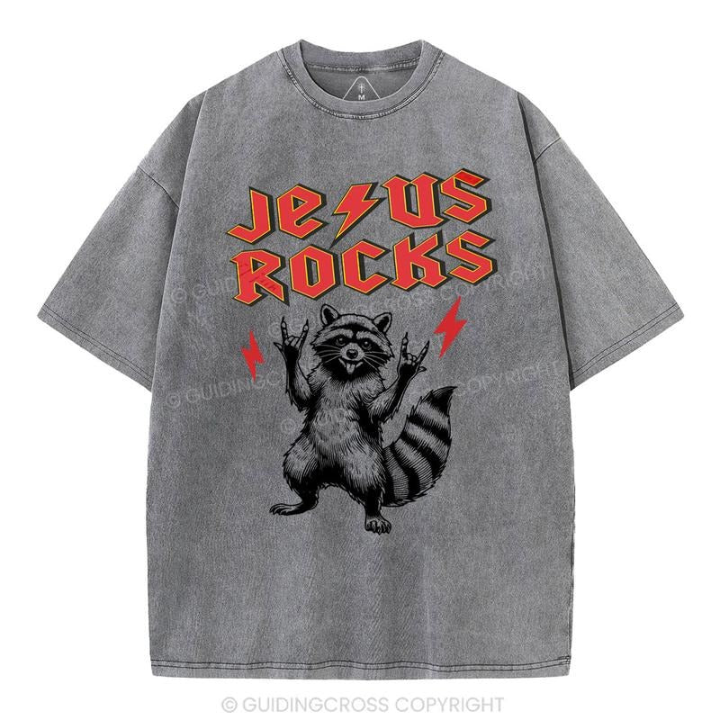 [ Mineral Wash ] Jesus Rocks Christian Racoon Washed TShirt Jesus Graphic Washed Style Shirt Hoodie, Sweatshirt